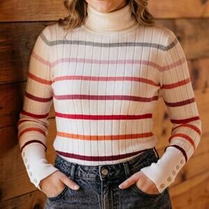 Talbots NEW ribbed knit multicolor striped turtle neck sweater stretch fitted M